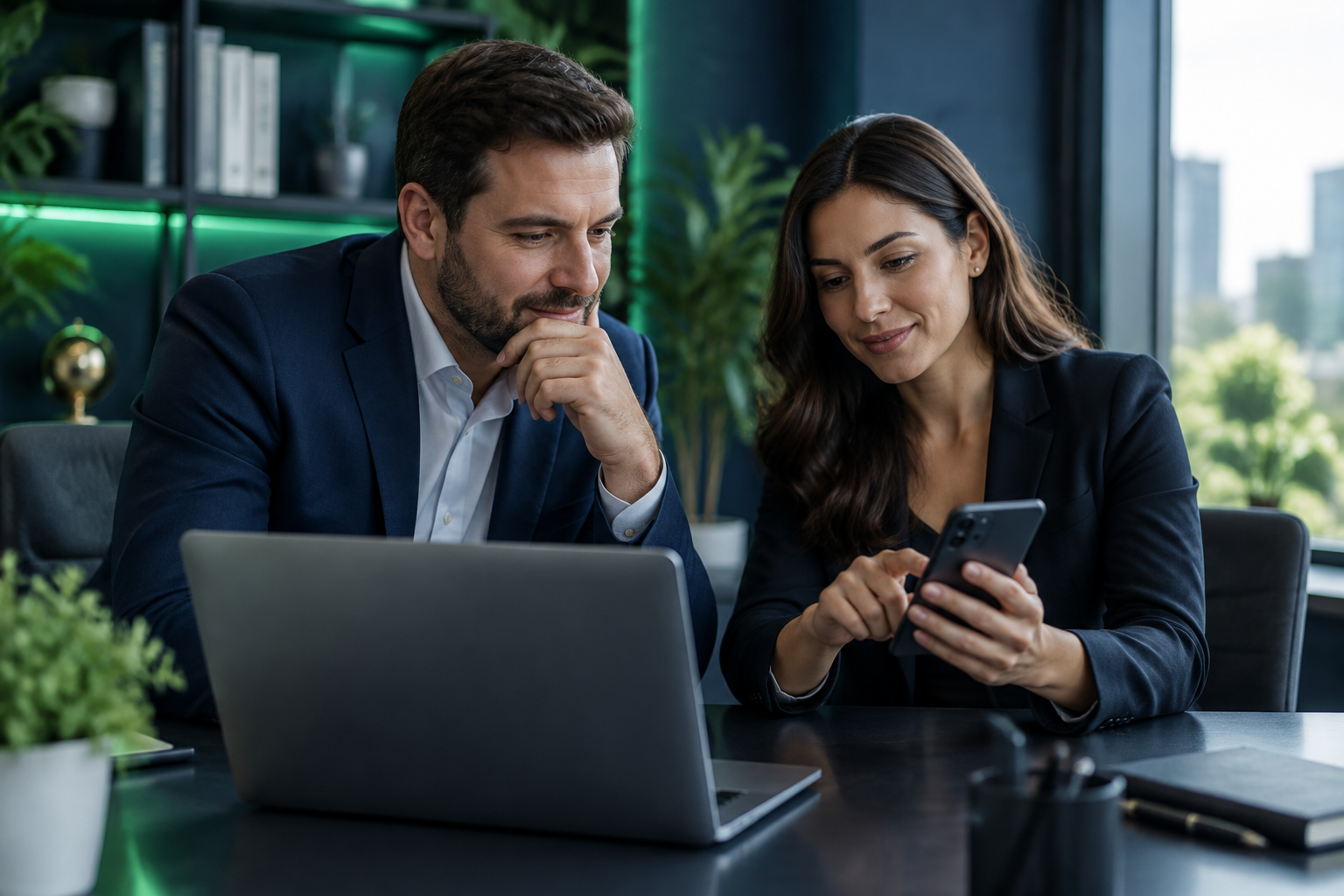 Small business owner and office manager reviewing a texting setup with a laptop and smartphone.