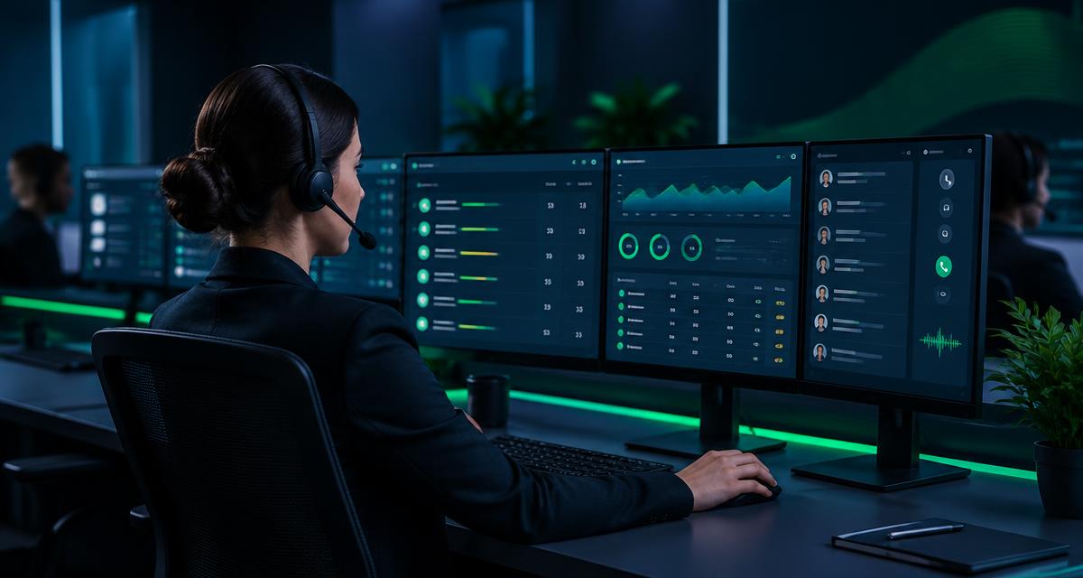 Contact center agents using headsets and computers to manage customer calls, chats, and support requests