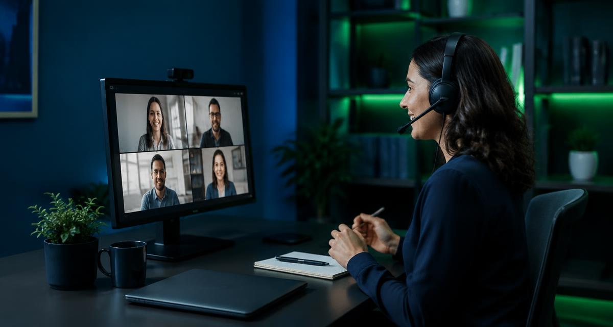 Remote and office-based employees using laptops and headsets to connect through a cloud business phone system